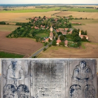 Bošín s kostelem Nanebevzetí Panny Marie (ve středu obce), ve kterém se nachází společný figurální náhrobek synů Maxmiliána Rašína z Rýzmburka z let 1593 - 1595
