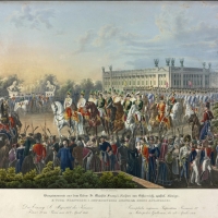 Rakouský císař František I. za doprovodu české šlechtické gardy slavnostně vjíždí na Place de la Concorde v Paříži po vítězství nad Napoleonem u Lipska (litografie Franze Wolfa podle předlohy Johanna Nepomuka Hoechleho)