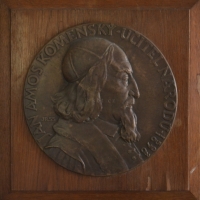 J. A. Komenský, plaketa, autor Jiří Prádler, 31 x 32 cm