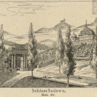 V roce 1838 zdědil také zámek v Sadové, už v roce 1844 však vyhořel a nakonec musel být zbořen (litografie K. A. F. Hennig, 1833, zdroj Jiří Zeman) 