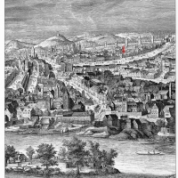 Sadelerova rytina Prahy z r. 1606 s označením domu na Koňském trhu (dnešní Václavské náměstí)